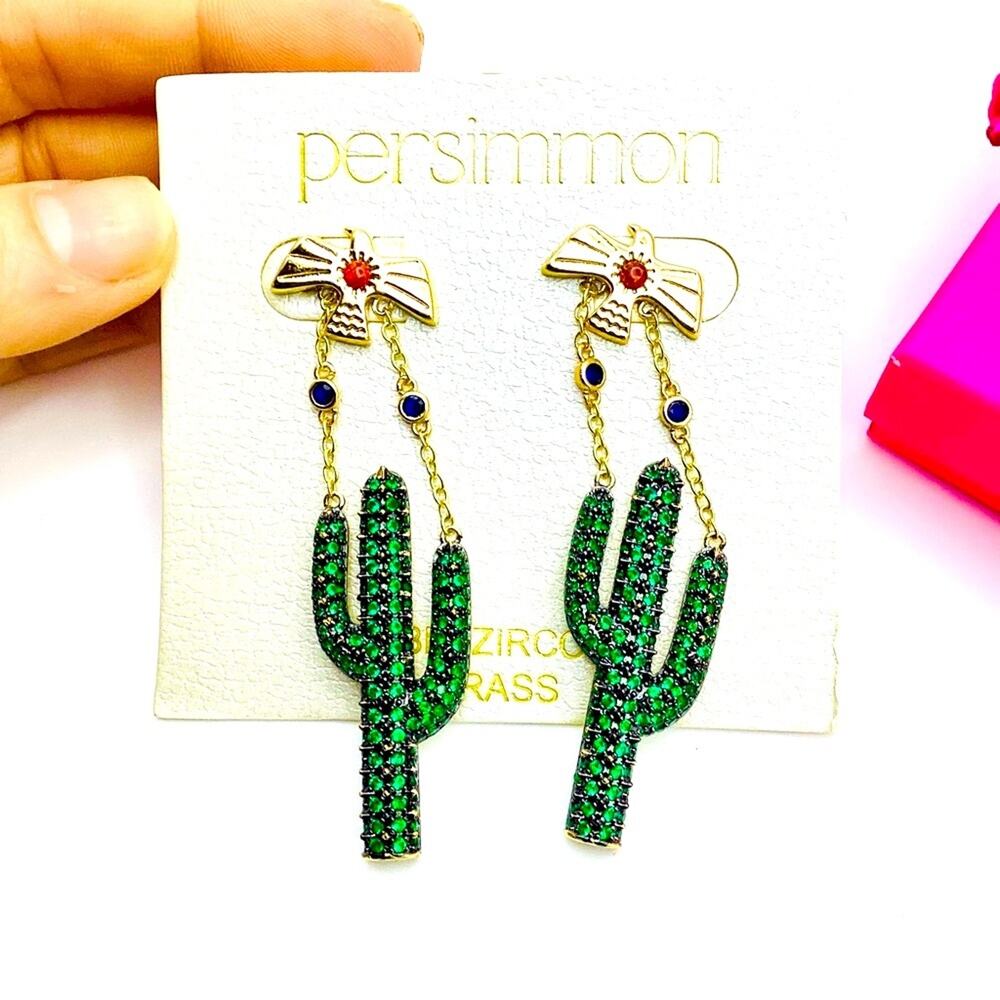 Persimmon South Western Cactus Earrings CZ 14kt gold over brass